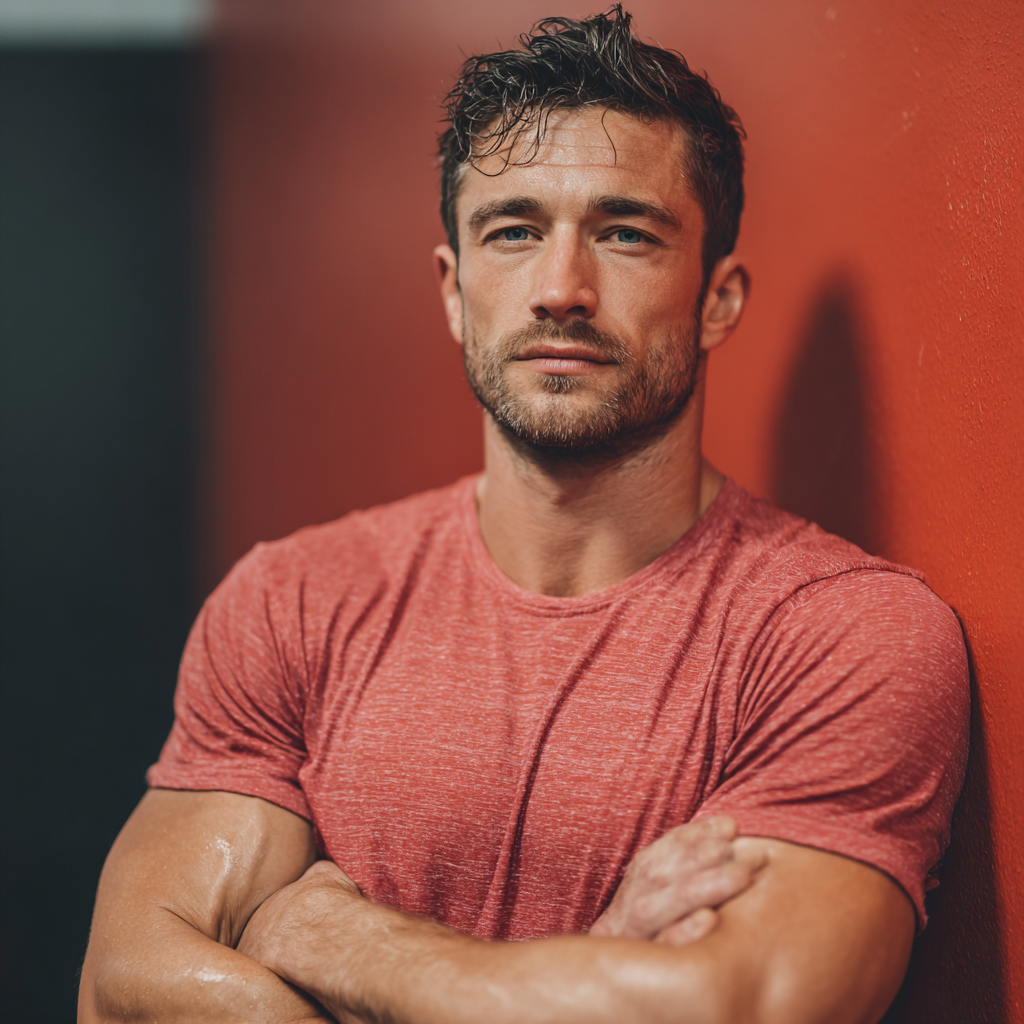Confident athletic man in gym setting showing determination and strength during workout